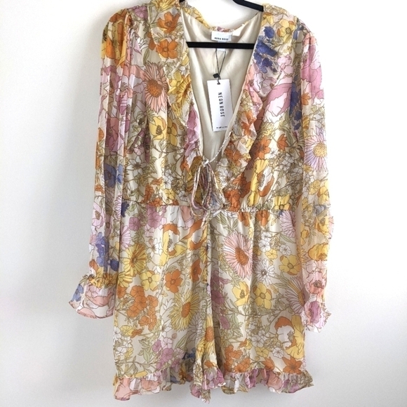NEON Rose Floral Romper with Ruffles XL Feminine Romantic Whimsy Fairy - Picture 2 of 13